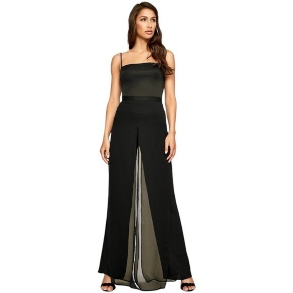 Tadashi ✘ Seaton Wide Leg Double Layered Crepe Chiffon Panel Dress Pant Black, 2